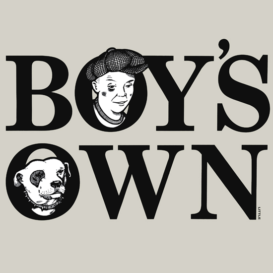 Cover for the club's fanzine - cartoon of Dave Little and his pitbull 'Alice'. Featured on clothing for Michiko Koshino 