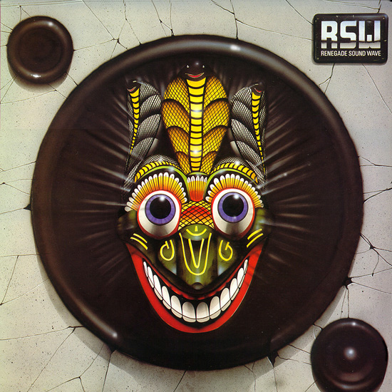 Rhythm King 1988. Balinese devil mask looming through speaker cone.  Method: Airbrush & watercolour. 1991
